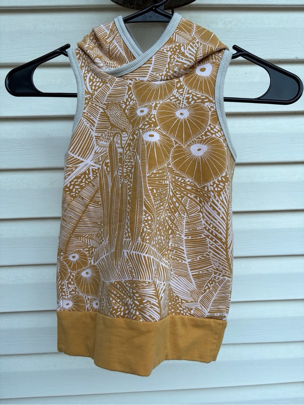 Bear Cub Kids Mustard Botanical Bird Print Sleeveless Hoodie